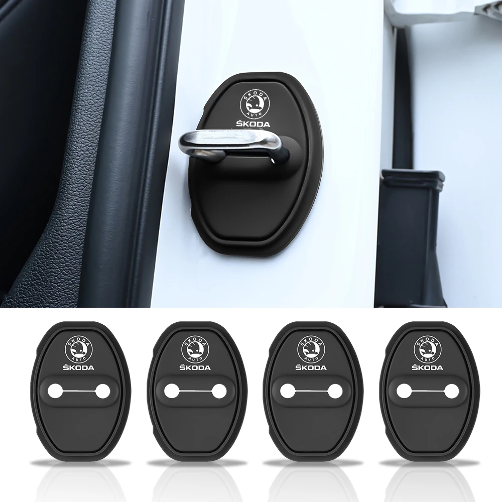 4Pcs Car Styling Car Door Lock Cover Protective Decoration Sticker For Skoda Octavia Kamiq Kodiaq Superb Rapid Karoq Fabia Yeti