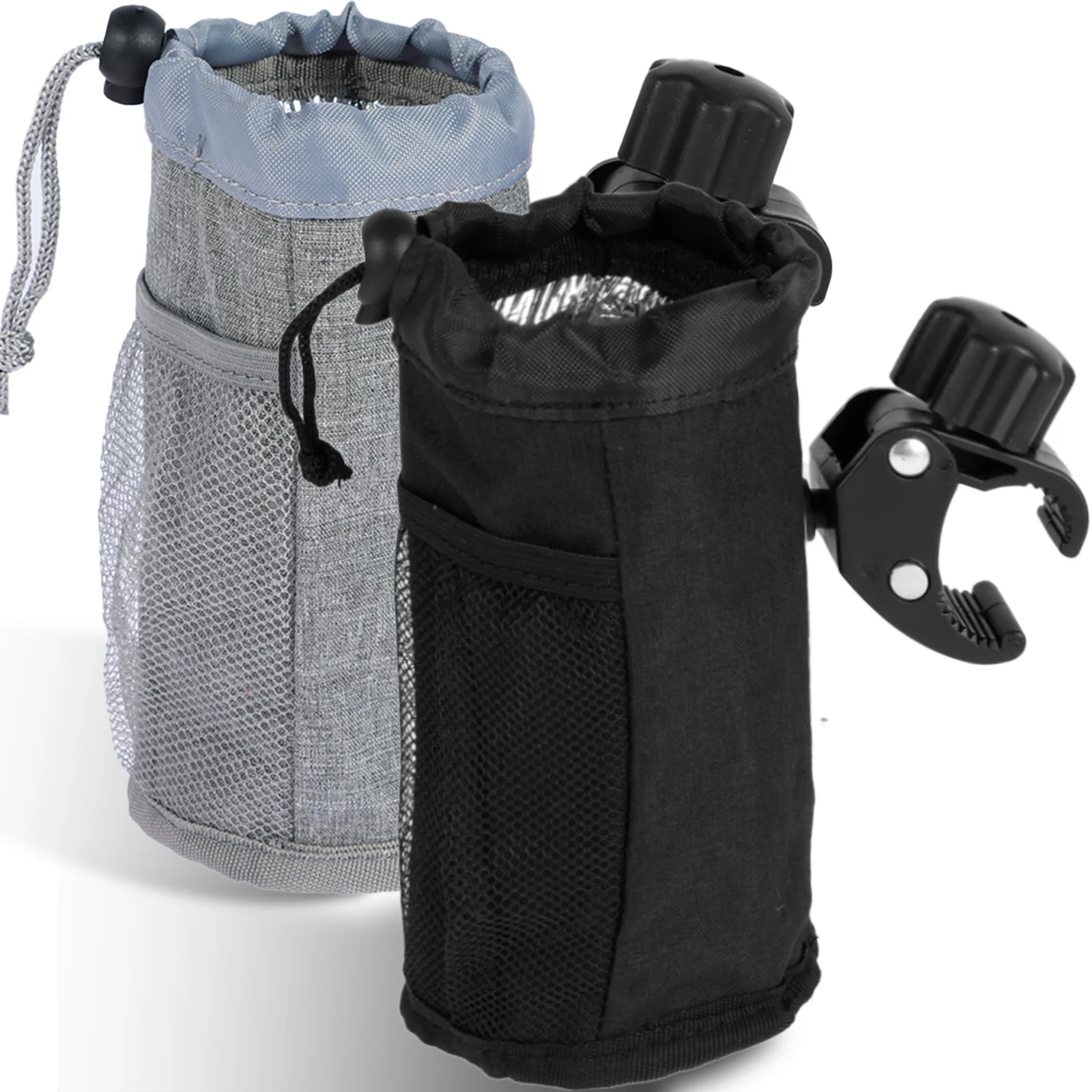 2Pcs Bike Cup Holder with Adjustable Clamp Oxford Cloth Motorcycle Insulated Cup Holder with Mesh Pockets Universal Water Bottle