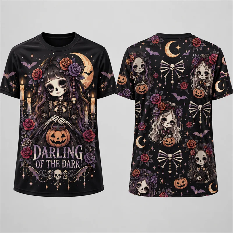 Vintage Gothic Halloween 3D Print T Shirt Men Women Skull Moth Snake Ghost Cat Eye Roses Short Sleeve Spooky Party Costume Tee