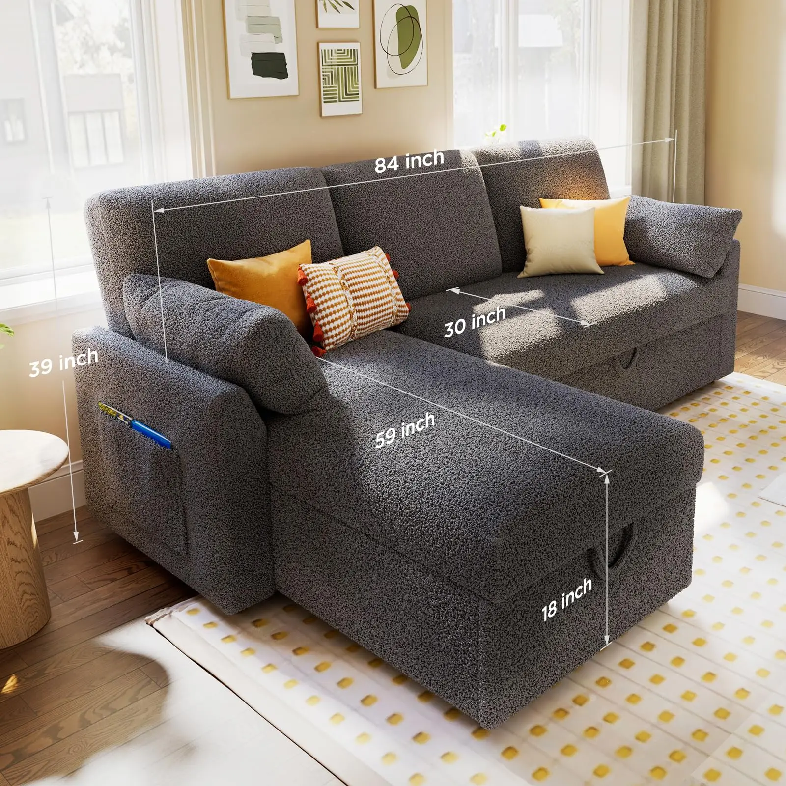 Sofa Bed Sleeper Sofa with Storage Chaise- 2 in 1 Pull Out Couch Sofa for Home Office Living Room Comfy Sofa Sleeper Grey Boucle