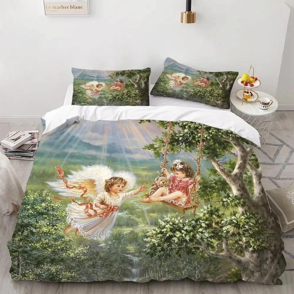 Angel Oil Painting Bedding Set - 2/3 Pieces Cartoon Warm Duvet Cover Boys Bedroom Quilt Cover with Ancient Art Green Theme