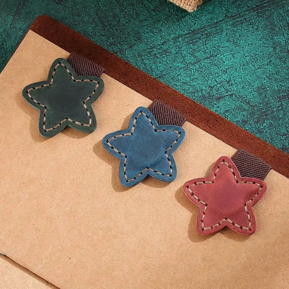 Stationery Genuine Leather Star Magnet Bookmark Vintage Double-Sided Book Pages Divider DIY Bookmark Clip Sew