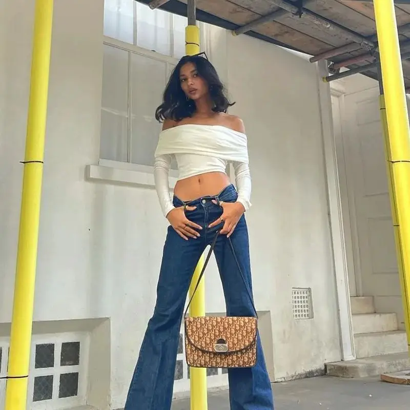 Chic femmes Sexy hors oule t-shirt printemps longue coupe ajustée à la mode haut décontracté pour les dames