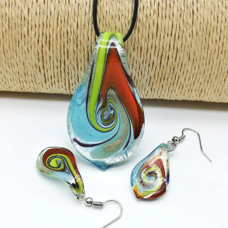 Black Leaf Colored Glaze Necklace Earrings Set For Women Glass Bead Pendant Jewelry For Party Gift