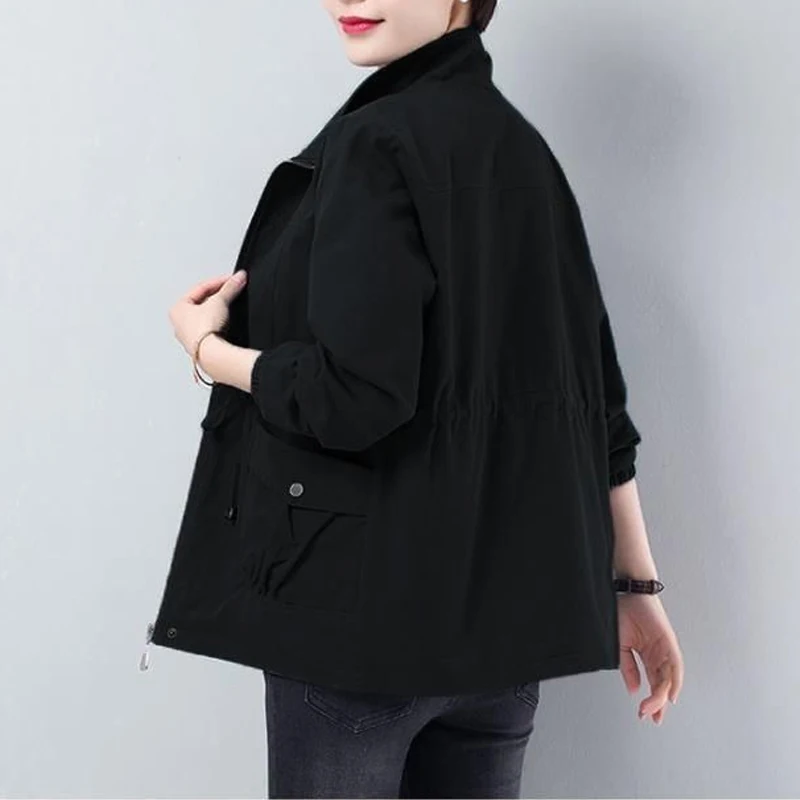 HI-FASHION Double Layer Women Plus Size Spring Autumn Korean Plus Size Lining Windbreaker Drawstring Waist Stand Collar Jacket