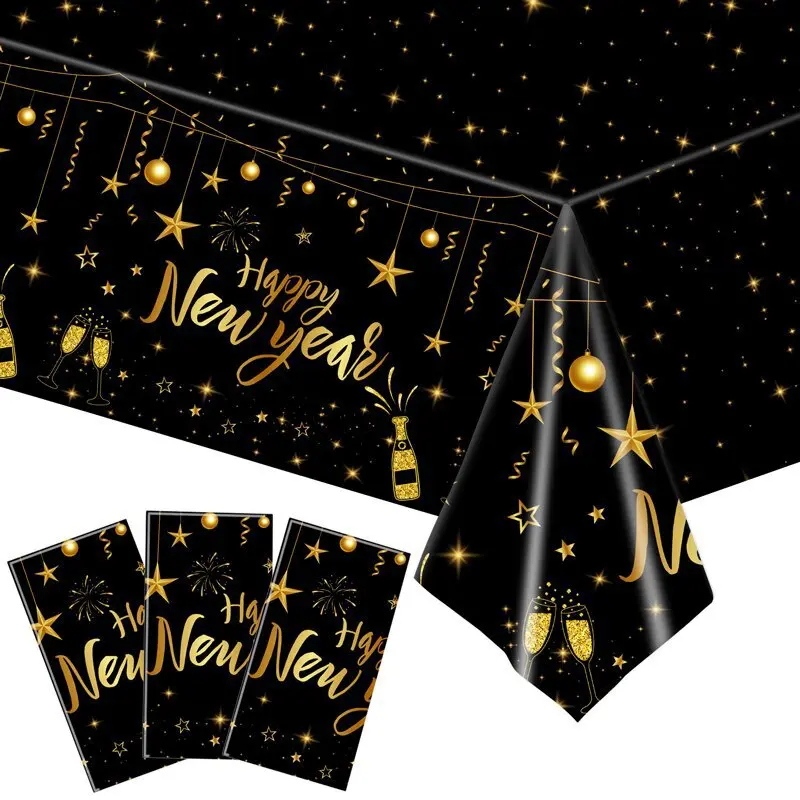 137x274cm 2024 Happy New Year Tablecloth Black Gold Waterproof Table Cloth New Year's eve Party Dinner  Table Decor