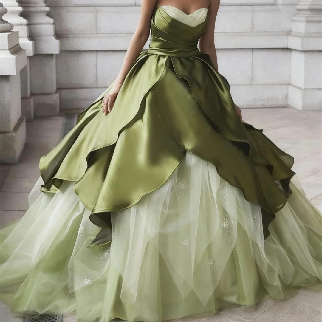 

Милое вечернее платье длиной до пола, зеленое атласное тюлевое вечернее платье, простое многоуровневое свадебное платье трапециевидной формы по индивидуальному заказу