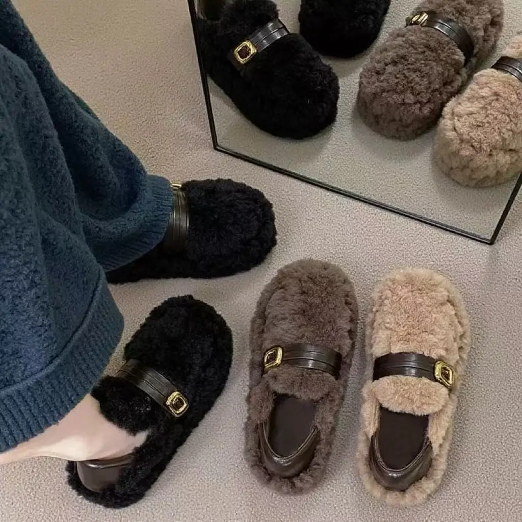 

Women's Thick Bottom Fur Slippers Indoor Outdoor Wear Spring New Fashion Casual Slip-On Warm Cotton Shoes Roman Style Flat Heel