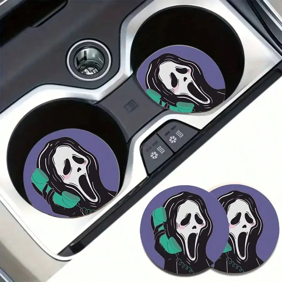 

2pcs Funny Skull Talking on Phone Car Cup Coasters, Non-Slip Silicone Mats for Cup Holder
