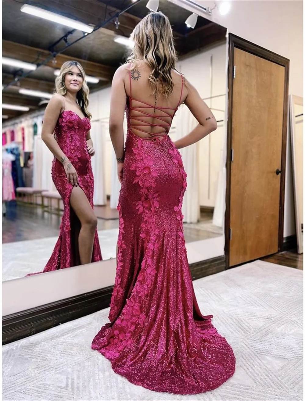 Sansa Sexy Spaghetti Strap فساتين السهرة Gliiter Mermaid Vestidos De Noche With Lace Embroid Purplish Red Fishtail Prom Dresses