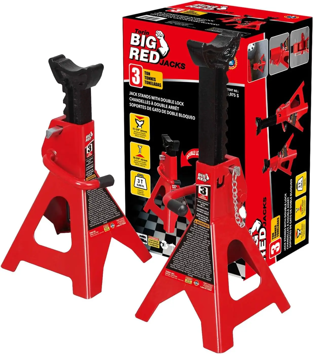 

3 Ton Steel Jack Stands: Double Locking, 6000 lb Capacity, Red Pair for Vehicle Support