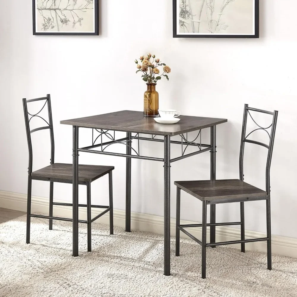 

3-Piece Metal and Wood Indoor Square Dining Table Furniture Set for Kitchen, Dining Room,Dinette Nook w/ 2Chairs Gray