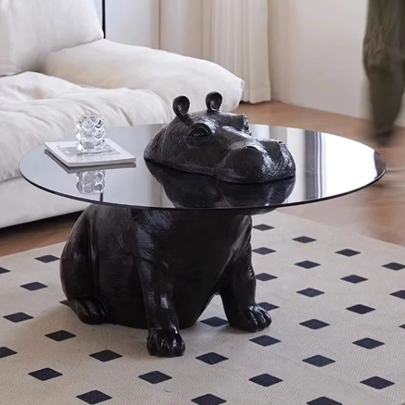 

Modern design, hippo coffee table, round clear tempered glass, top black fiberglass coffee table