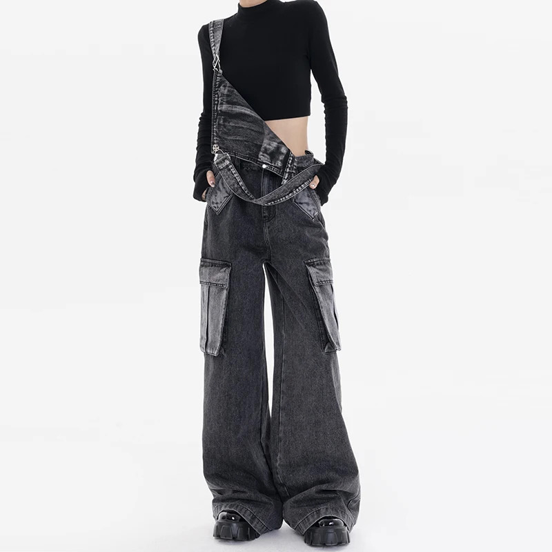 

Black Jeans Jumpsuit Women's Spring and Autumn Top Design Wide-Leg Pants Mopping Floor Jumpsuit