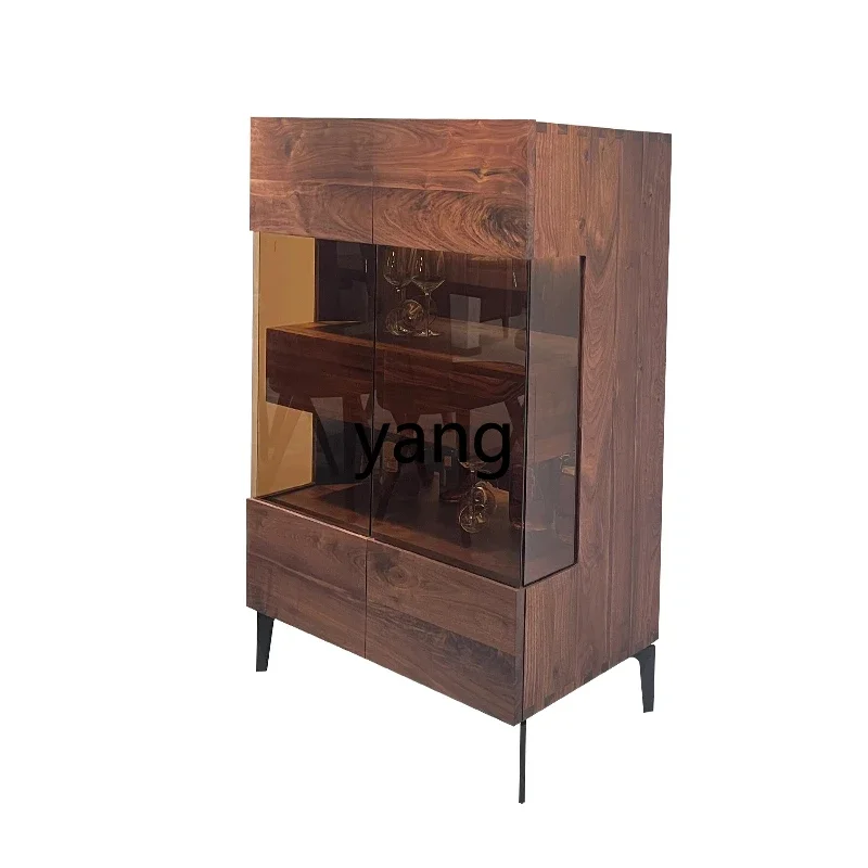 XYY light luxury solid wood wine cabinet walnut color living room side cabinet glass locker