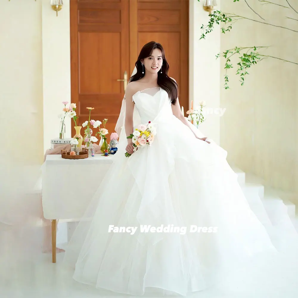 Elegancka, bogata suknia ślubna z organzy, koreańskie sesje zdjęciowe, linia A, bez rękawów, suknia ślubna, gorset z tyłu, suknia wieczorowa, szyta na miarę.