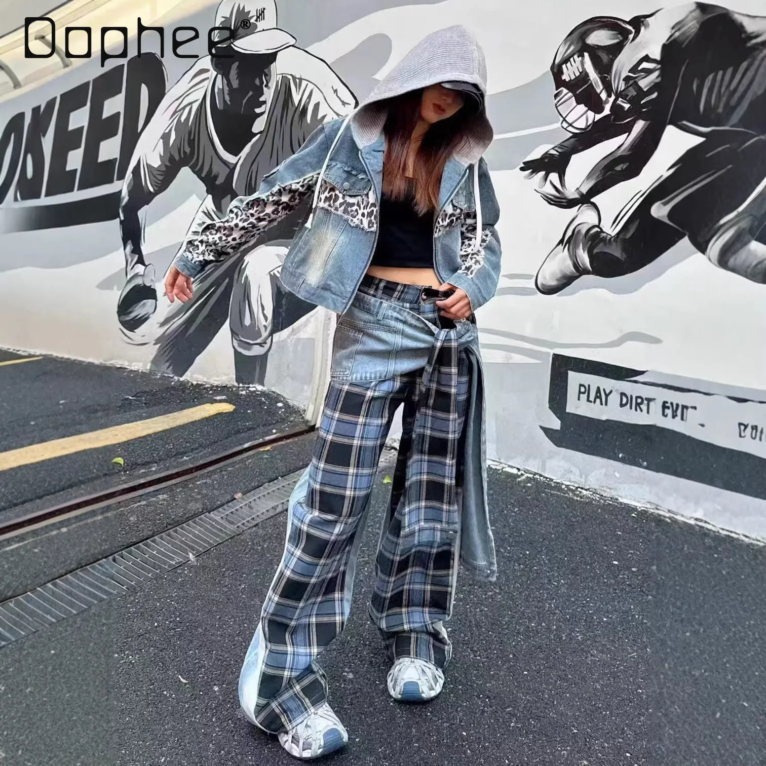 

2026 Spring New Women's Plaid Jeans with Zipper and Patchwork Reversible AB Side Fashionable Casual Baggy Jeans for Women