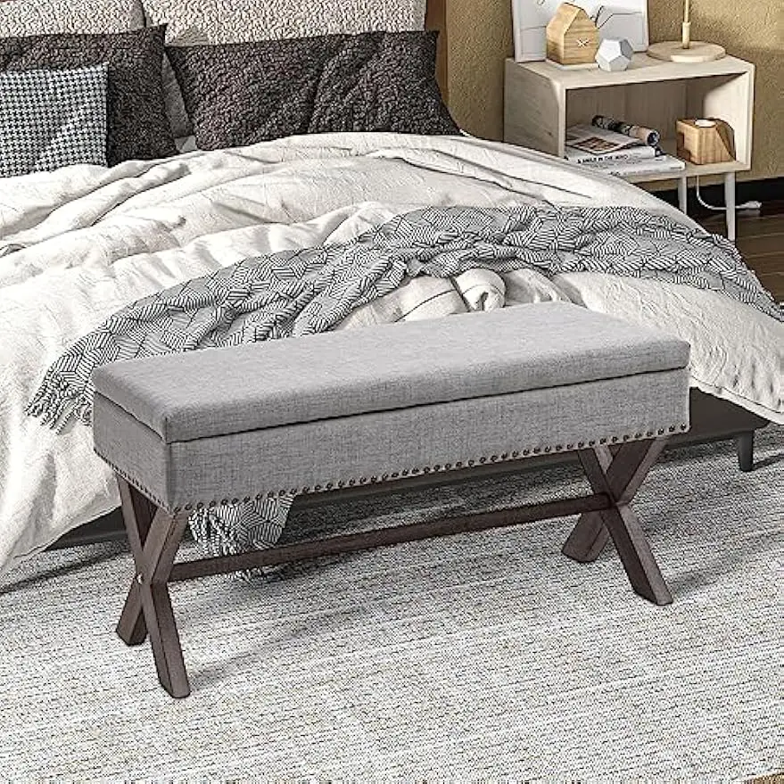 Upholstered Storage Bench with Hidden Space, Nailhead Trim and X-Shaped Wood Legs, for Living Room, Entryway, Bedroom, Grey