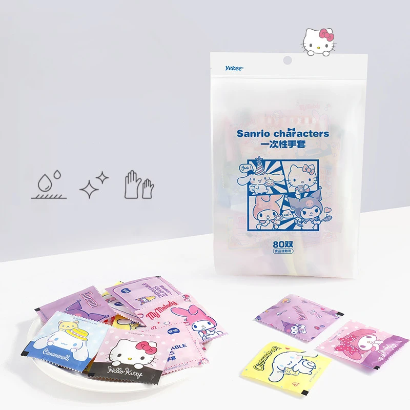 Sanrio Kawaii Anime Hello Kitty Food Grade Disposable Gloves Cute Cinnamoroll Kuromi Individual Packaging Articles for Daily Use