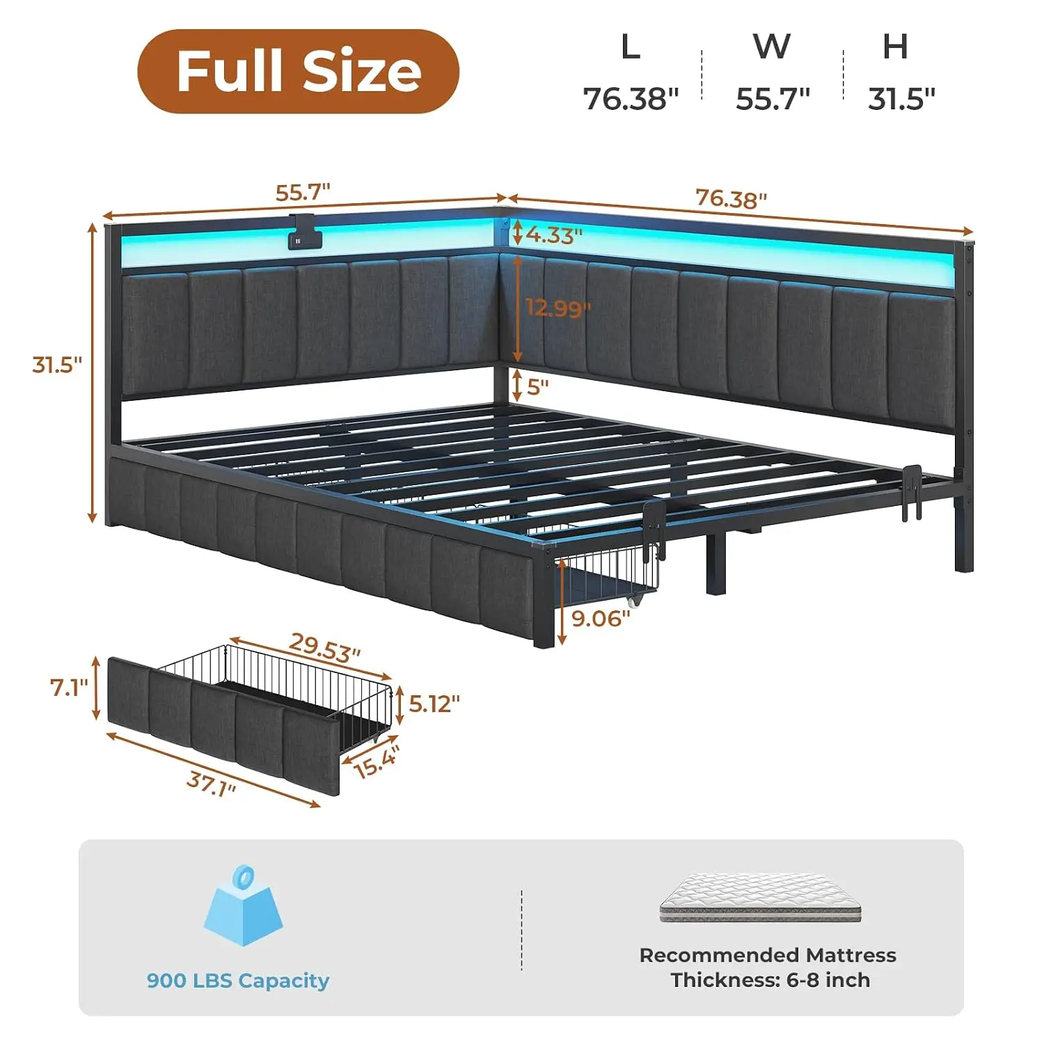 Corner Full Bed Frame with 2 Drawers & Charging Station Platform Bed with LED Lights Upholstered Guardrail Daybed for Teen Adult