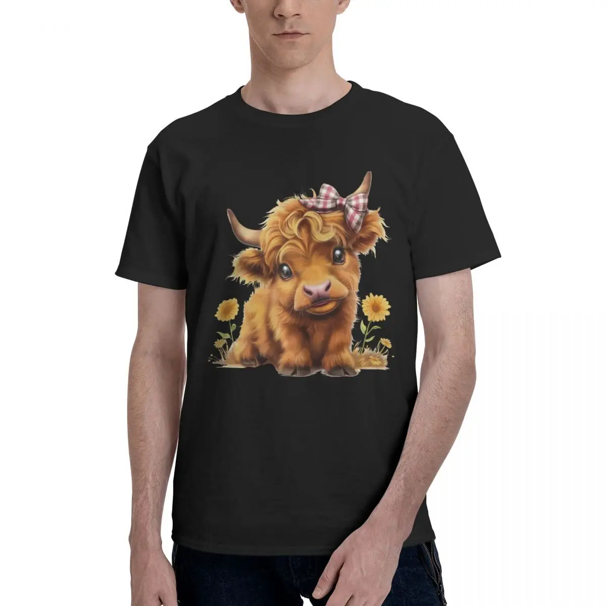 2025 New Men Short Sleeve T-Shirt Highland Cow Sunflower Bow Ties Hip Hop Art,Hipster Soft Trippy Design Tees Streetwear