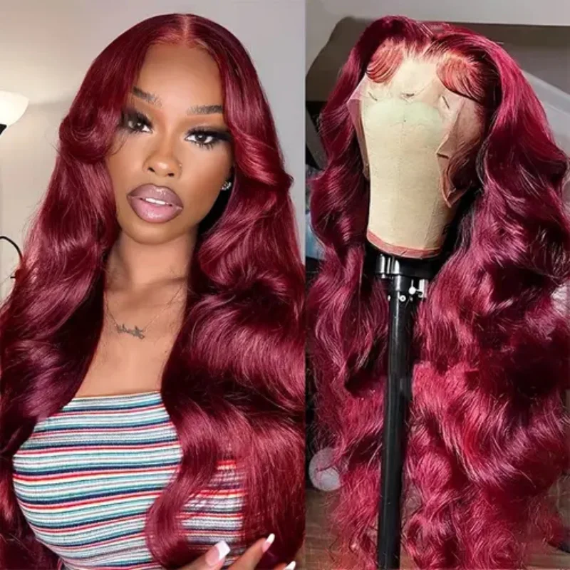 

Burgundy Body Wave 13x4 HD Lace Frontal Wig Human Hair Transparent Lace Front Wig Preplucked Brazilian 99J Colored Wig For Women