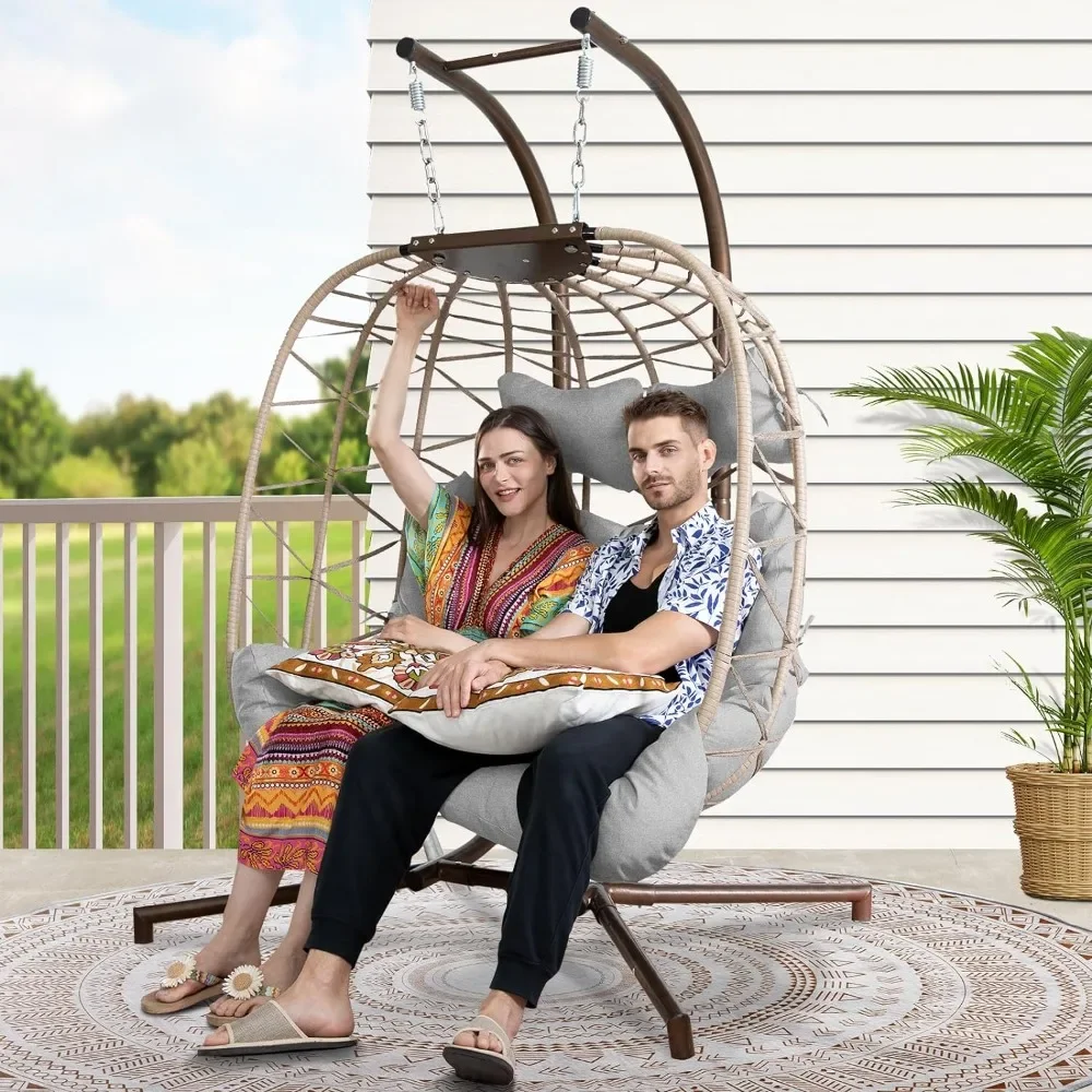 Hanging Egg Chair with Stand Extra Large Wicker Patio Twins Eggs Basket Chairs, Swing Egg Chair Double, Patio Swing