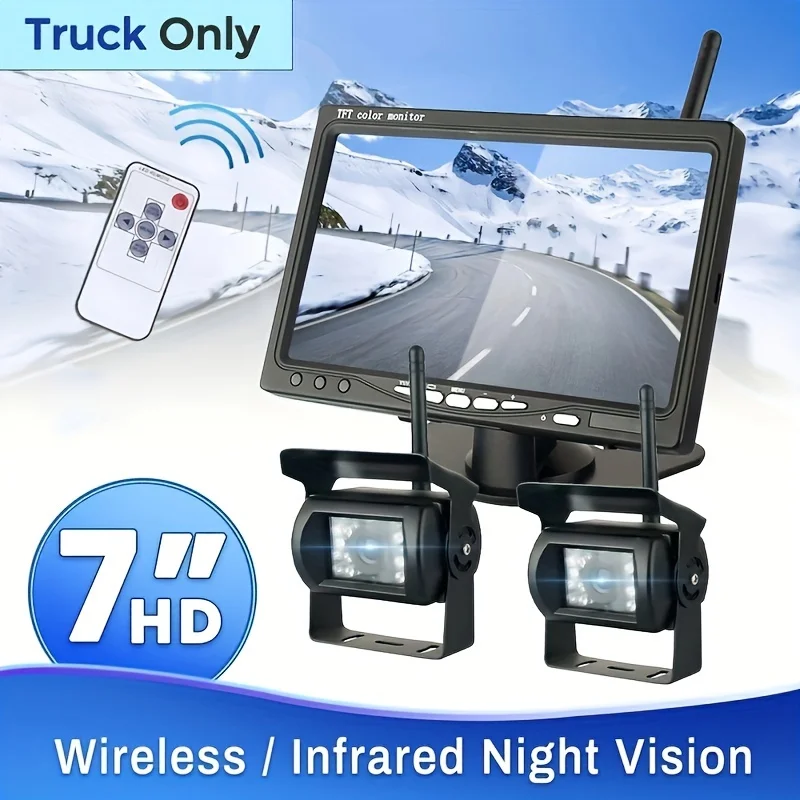 2-Camera Wireless Parking Assistance System for Trucks - 7 HD LCD Monitor with Enhanced Night Vision,  Rear View Solution