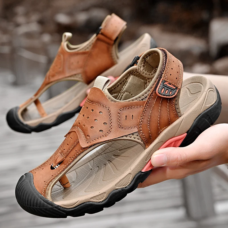 

Golden Sapling Genuine Leather Men's Sandals Retro Outdoor Shoes Casual Summer Flats Men Mountain Trekking Sandal Beach Footwear