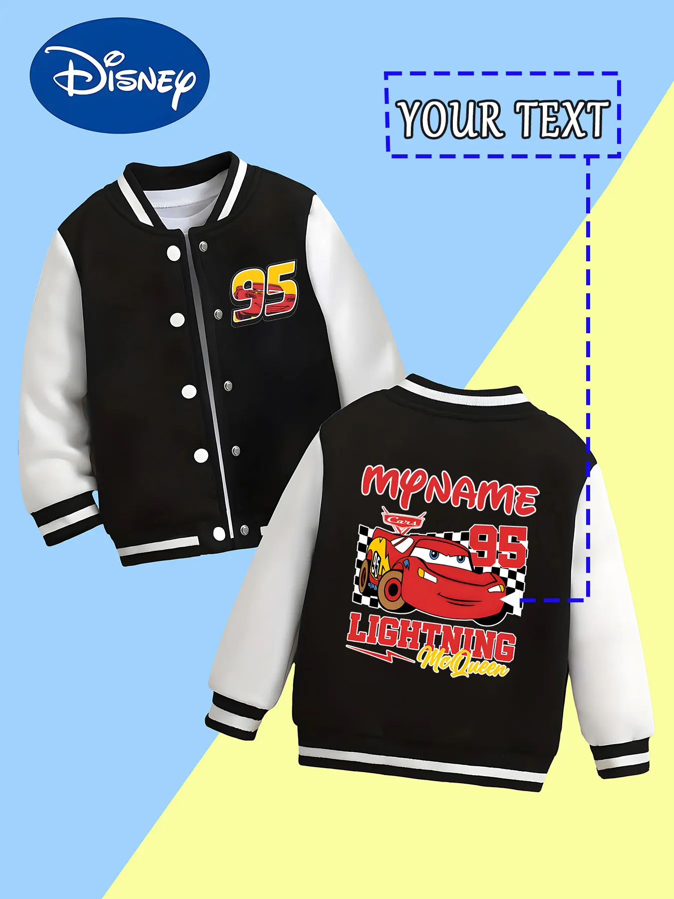 

MINISO Disney Cars McQueen personalized children's baseball jacket - McQueen trendy text pattern, cool and unique, suitable for