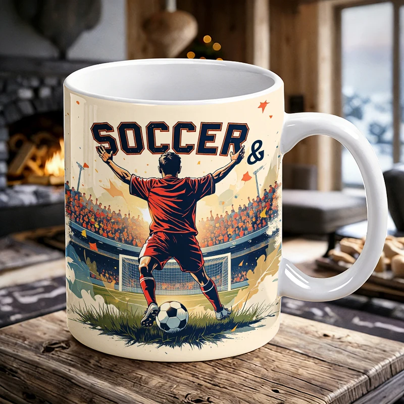

Soccer Champion Goal Celebration Coffee Mug, Football Player Victory Stadium Crowd Ceramic Cup, 11oz Sport Fan Daily Home Office