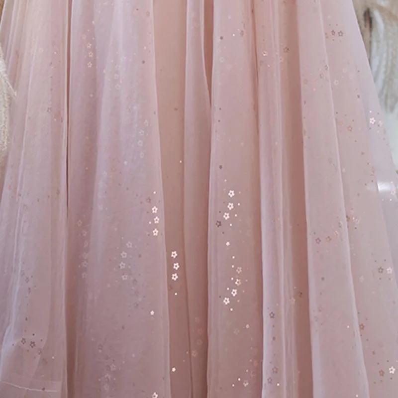 Evening Dress Pink O-Neck Short Sleeves Elegant Floor-Length Sequins Lace Up A-Line Pleat Tulle Woman Formal Party Gown A2478