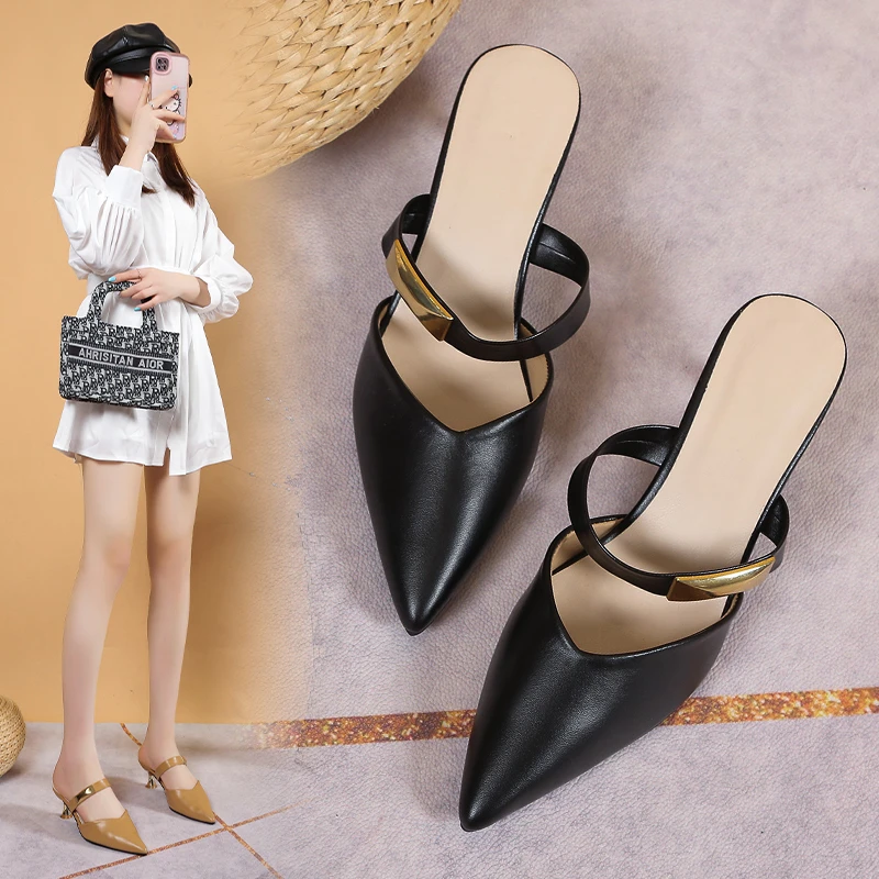 

Baotou Half Slippers Women's Sandals Slim Heels Summer New Soft Leather Pointed High Heels Versatile Women's Sandals Slippers