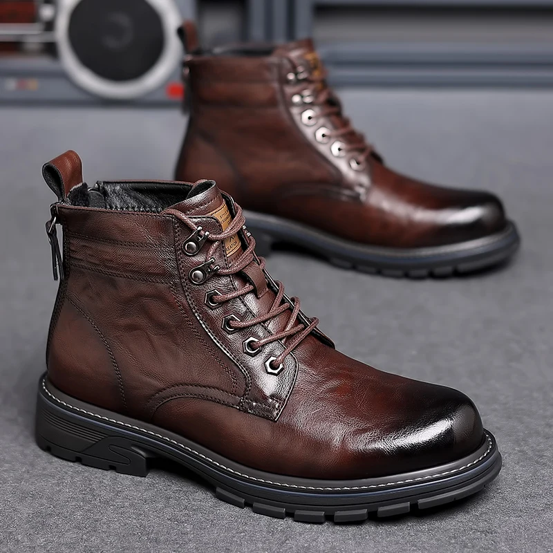 Luxury Quality Designer Vintage Cow Leather Men Snow Boots Business Genuine Leather Men Boots Lace Up Outdoor Motorcycle Boots