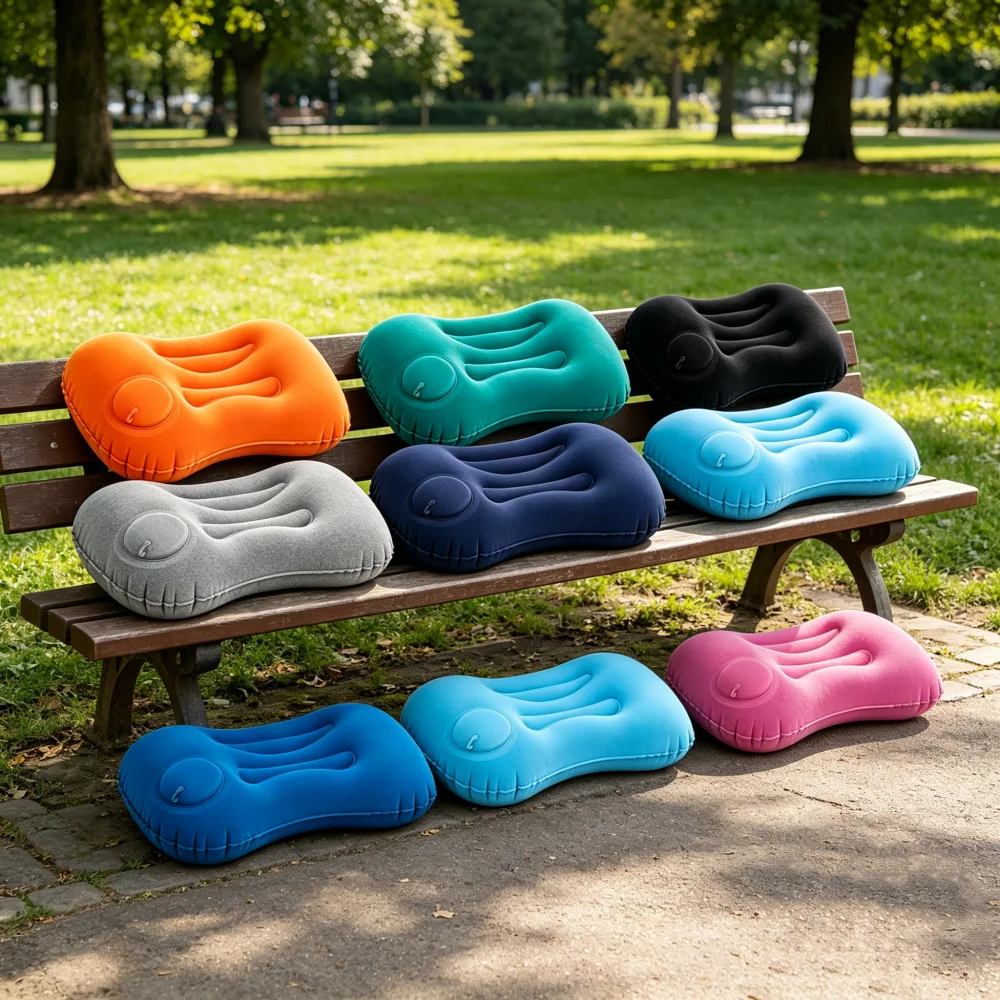 1pcPortable Self-Inflating Travel Pillow Soft Flocked Inflatable Neck Pillow for Airplane Camping, Ergonomic Head Support Pillow