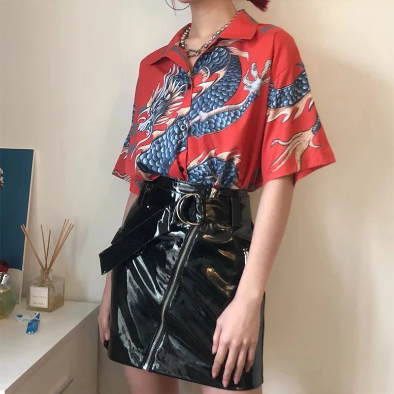 Dragon printing shirts for ladies New chic Women\'s Blouses Harajuku Tops Short Sleeve Female Blusas Mujer