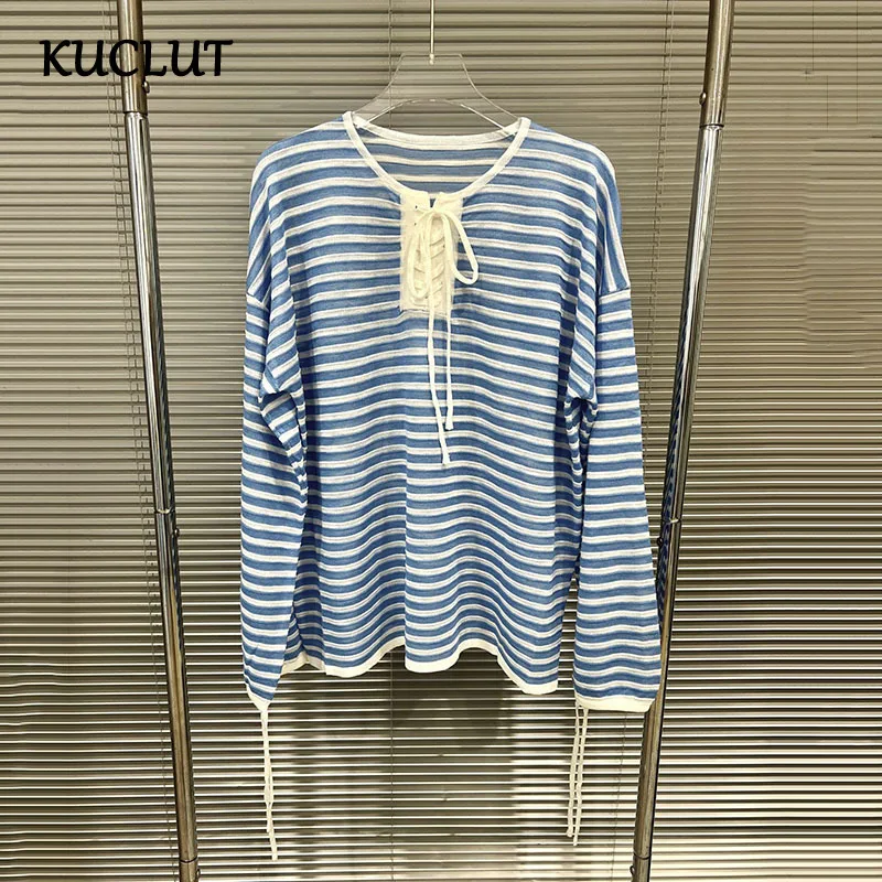 

KUCLUT Fashion Striped Contrast Color T-shirts For Women Loose Casual Long Sleeve Tops Female Trendy New Items 1A357