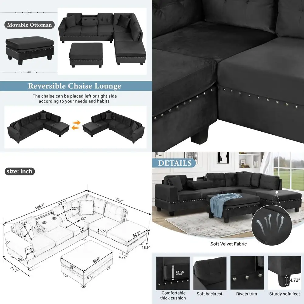 105 L-Shaped Sectional Sofa with Storage Ottoman, 2 Pillows & Cup Holders, Velvet Sleeper Sofa with Reversible Chaise, Black