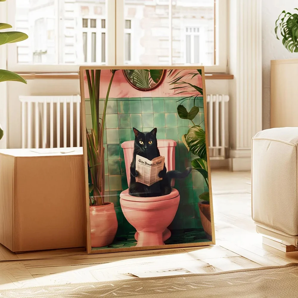 변기 캔버스 벽 아트 프린트 포스터, 재미있는 동물 장식 그림, 가정 방 장식 선물, 프레임 없는 욕실 고양이 독서