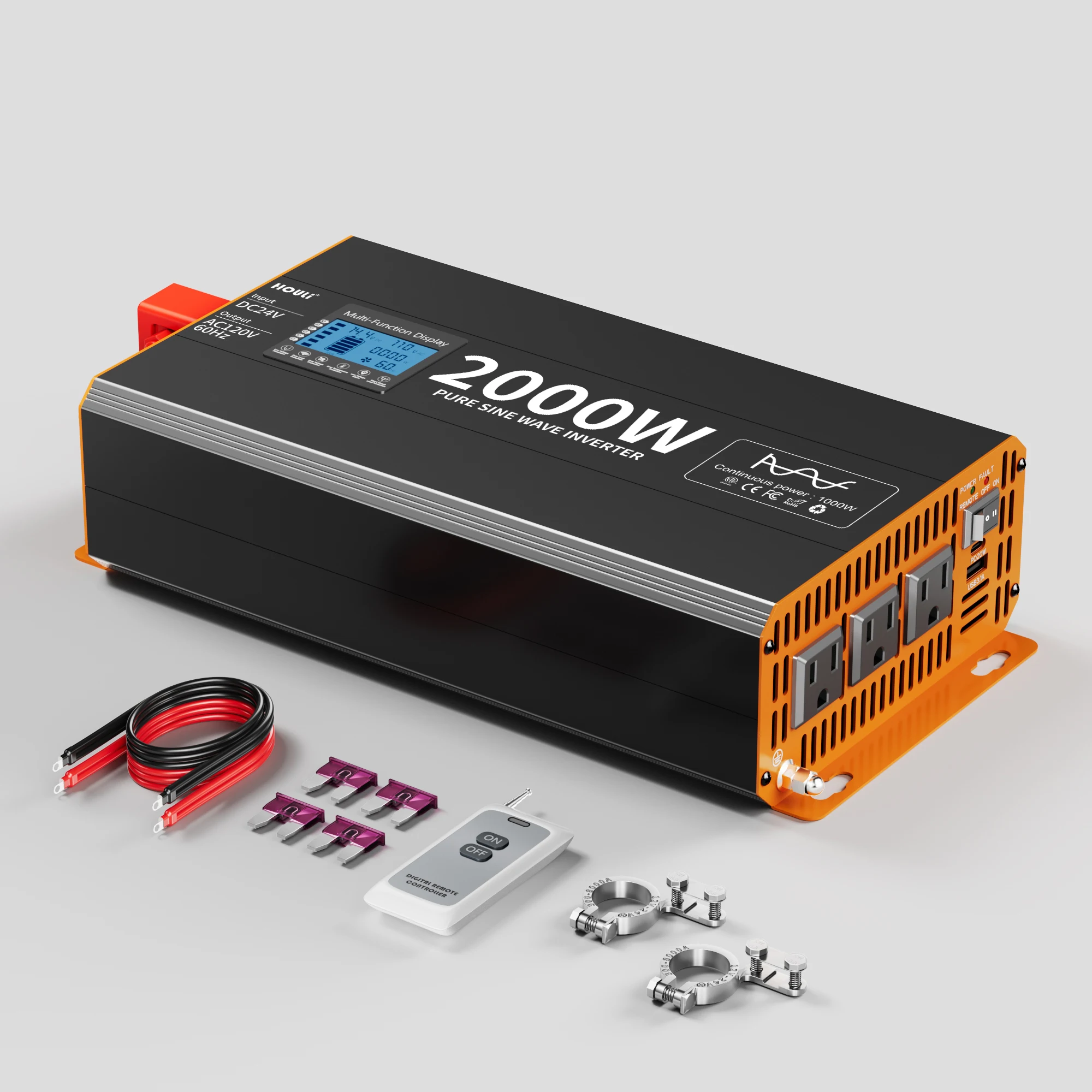 

HOULI 2000W Pure Sine Wave Inverter 12V/24V to 110V | Remote | PD20W USB | RV Truck Camping Power
