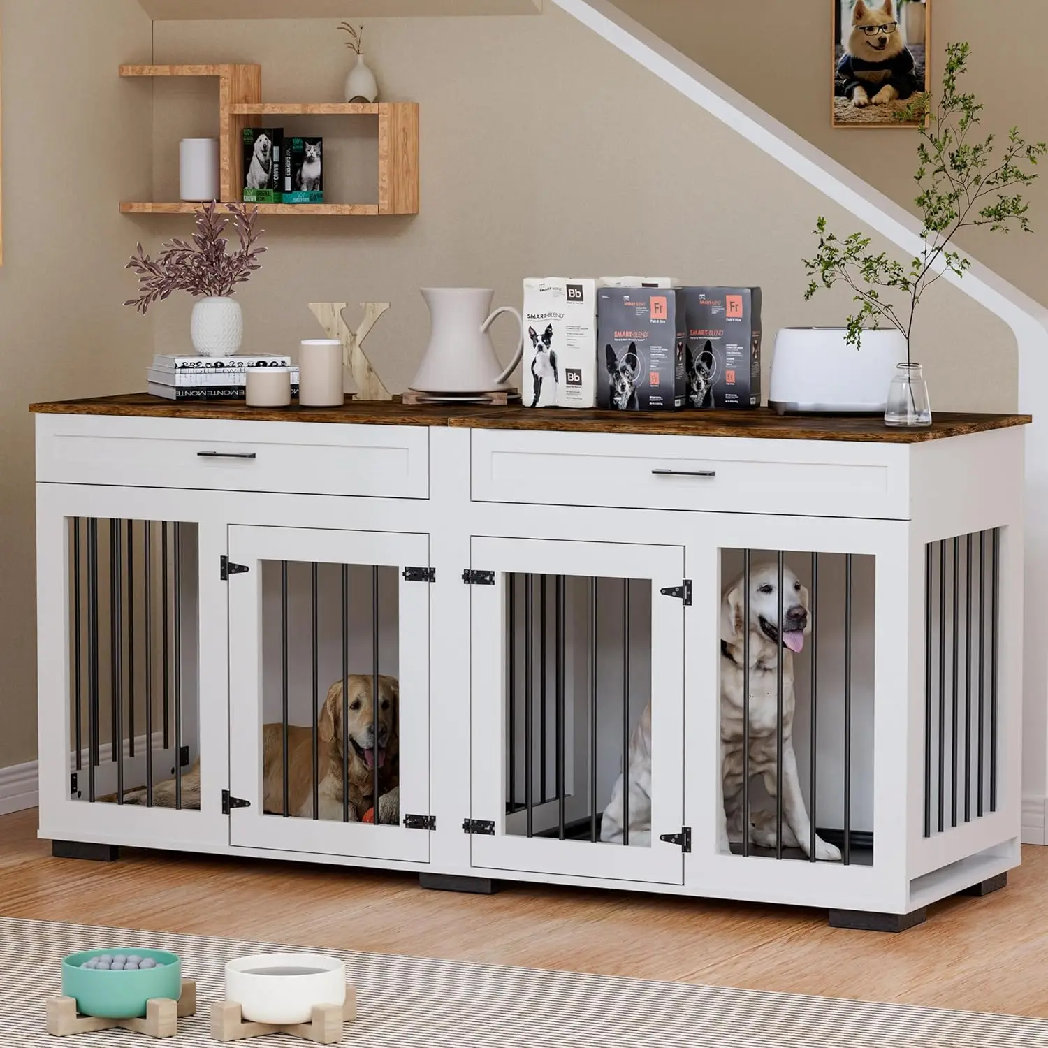 PAKASEPT Large Dog Crate Furniture, Wooden Dog Kennel with Room Divider and 2 Tray, Double Doors with Locks, Heavy Duty