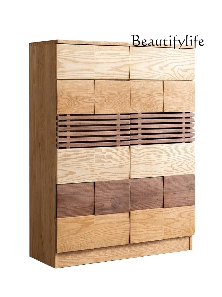 Nordic plaid solid wood shoe cabinet entry porch cabinet black walnut oak shoe rack home door storage