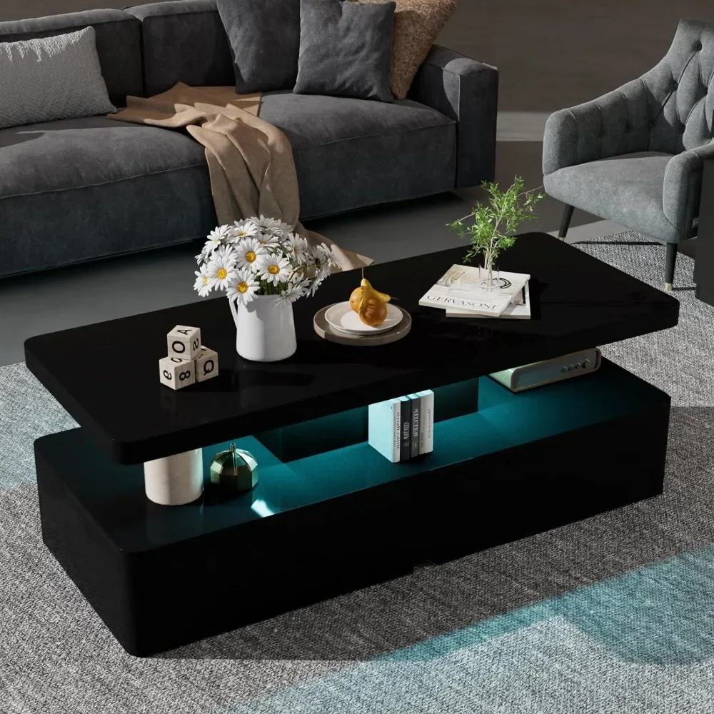 Table Basse Moderne avec 16 Couleurs LED, Design Double Couche pour Salon, Noir