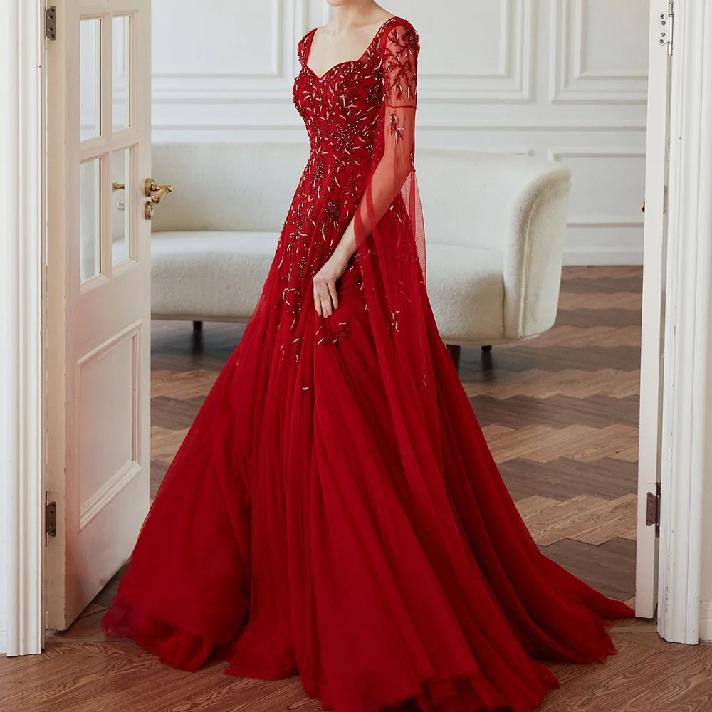 Customized A-line Evening Dresses Floor-length V-neck Full Sleeve Prom Gown Fashion Beading Sequined Backless Draped Party Gown