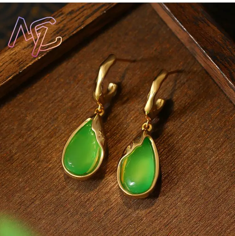 Green Real Jade Water Drop Earrings Talismans Gifts for Women Amulet Stone Luxury Ear Stud Lucky Designer Vintage - view 4