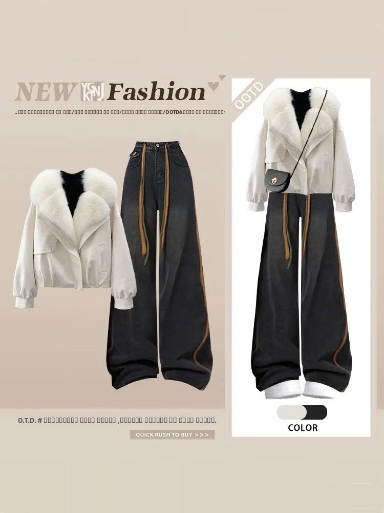

Зимний меховой воротник Jaet, комплект джинсов с высокой талией и широкими штанинами, женский свободный повседневный утягивающий теплый комплект из двух предметов для похудения