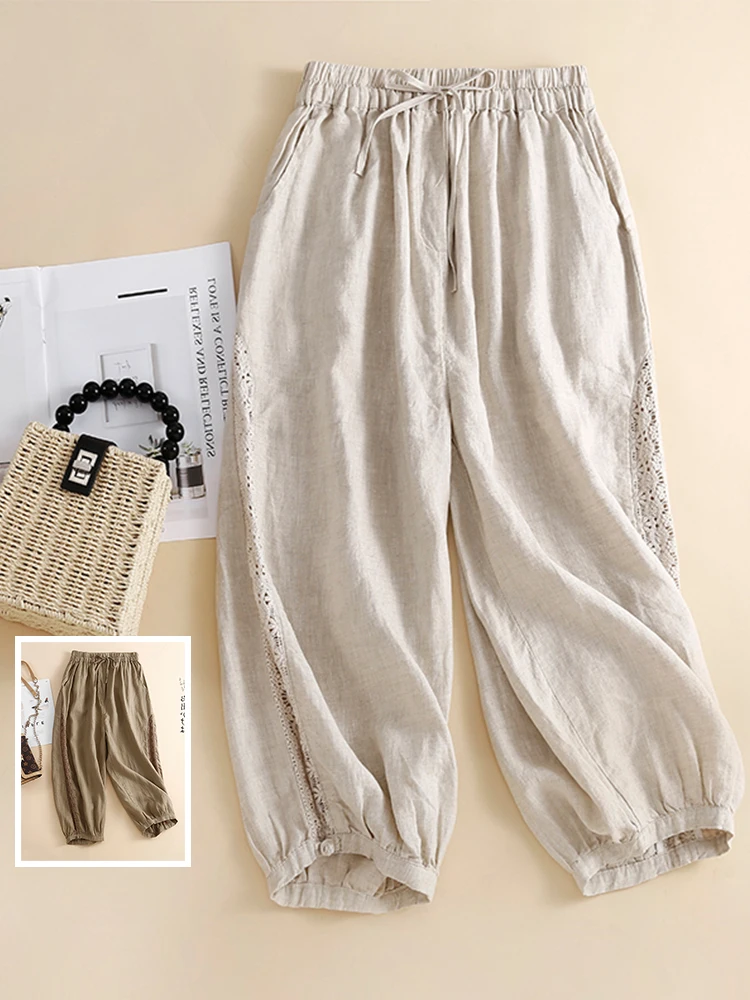 

Casual Lace Splicing Linen Seven-Quarter Loose Women's Pants Large Size Elastic Waist Thin Breathable Harlan Summer Trousers