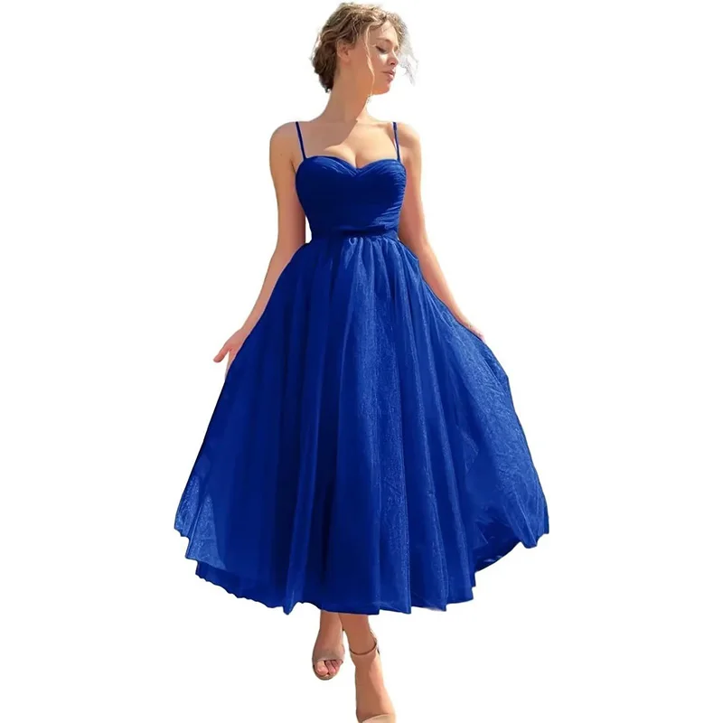 Simple Tulle A Line V Neck Pleat Tea Length Bridesmaid Dresses Wedding Party Prom Homecoming Birthday Cocktail Lace Up Back