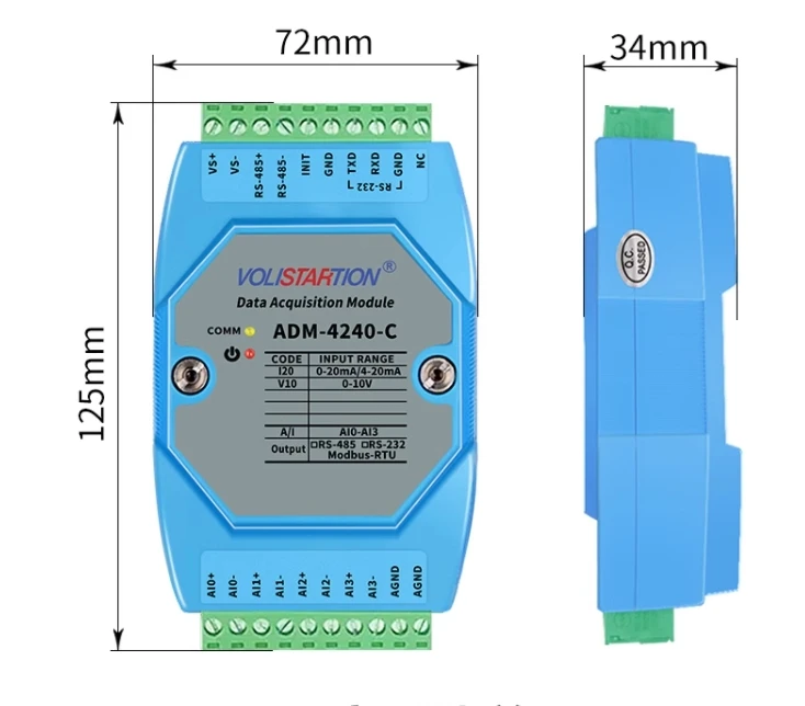 ADM-4240-C 4 채널 아날로그 신호 획득 모듈, 4-20mA 0-10V 0-20mA-485 Modbus ADM-4240-C