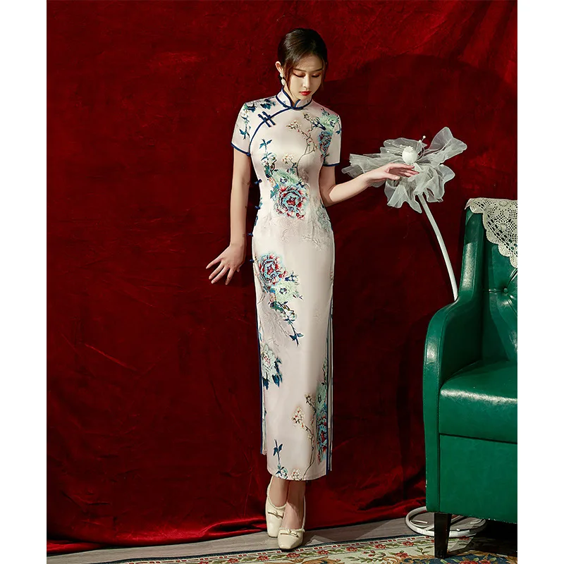 2023 Spring Silk Maxi Long Improved Cheongsam Retro Elegant Performance Chinese Traditional Style Evening Dress Qipao for Women